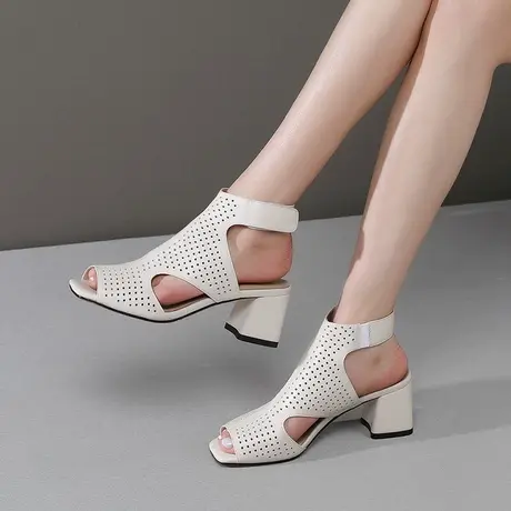 断码清仓凉鞋款女式真皮鱼嘴鞋镂空洞洞单鞋粗跟高跟鞋四季皮凉靴商品大图