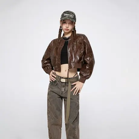 美式复古pu皮夹克外套女春秋2023年新款ins潮牌街头宽松短款皮衣商品大图