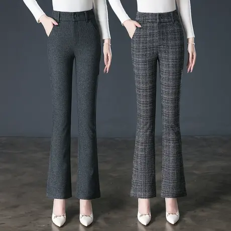 微喇裤女高腰显瘦秋季毛呢格子裤大码休闲喇叭裤中年妈妈裤子女裤图片