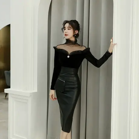 黑色心机内搭上衣女韩版设计感性感露肩修身短款紧身打底丝绒T恤商品大图