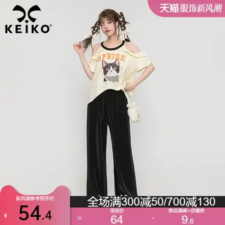 奶系甜酷露肩挂脖短袖T恤女2023夏季新美式复古纯棉印花宽松上衣图片