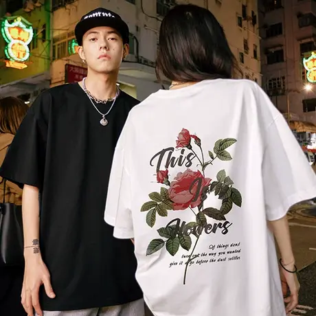Nuthink美式复古玫瑰情侣装t恤男潮牌ins情侣短袖宽松半袖上衣潮商品大图