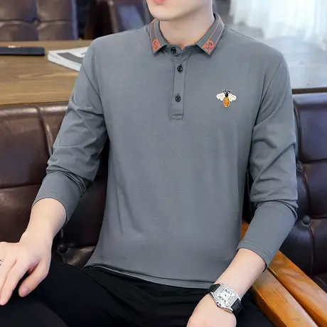 刺绣花小蜜蜂纯棉长袖男士T恤潮流纯色打底polo衫2023秋季上衣服商品大图