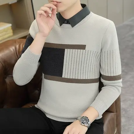 秋冬季加厚假两件毛衣男衬衫领韩版修身提花水貂绒线衣保暖针织衫商品大图