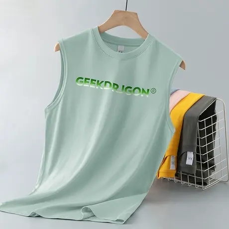 纯棉背心男士夏季跨栏外穿健身运动宽肩坎肩篮球字母印花无袖t恤商品大图