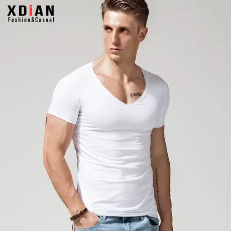 大V领T恤男士纯棉短袖修身紧身低领打底衫个性深V体恤大领口上衣商品大图
