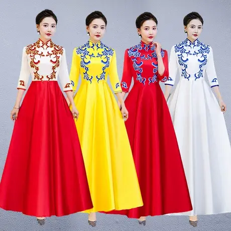 冬款中长袖大摆青花瓷长款礼仪服酒店迎宾小姐服装合唱演出服旗袍图片