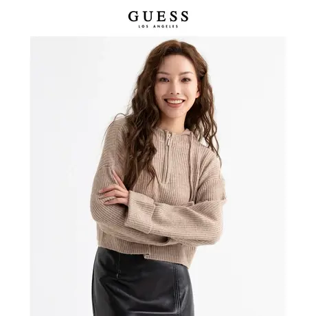 GUESS女美拉德连帽短款套头毛衣半开拉链V领针织上衣商品大图