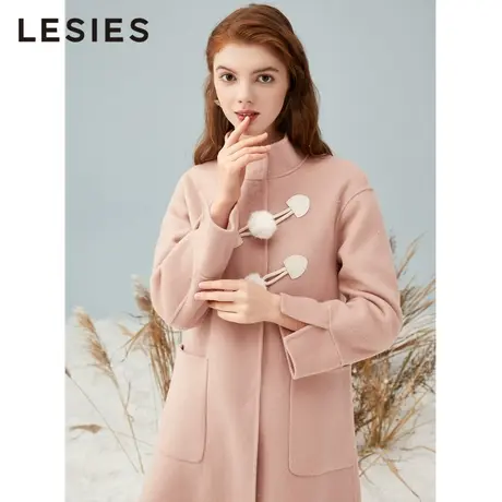LESIES蓝色倾情秋冬款女装甜蜜温柔风毛球装饰绵羊毛双面呢大衣图片
