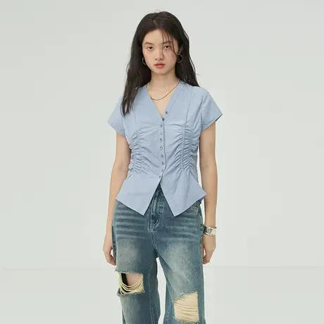 omont蛋挞家 复古抽皱短袖衬衫夏新小众设计感收腰显瘦上衣商品大图