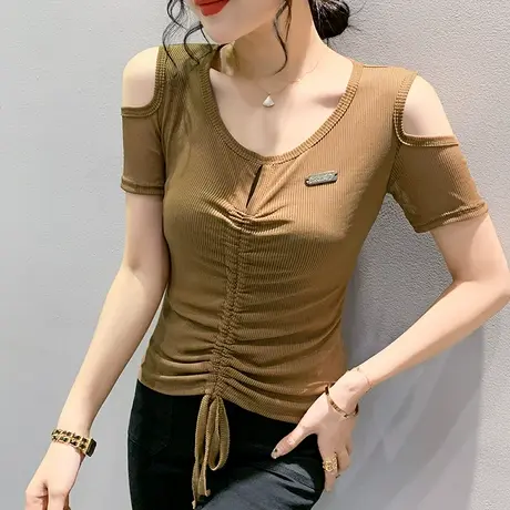 夏季性感露肩短袖T恤女欧货洋气网纱小衫设计感抽绳上衣V领半袖潮商品大图