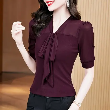 复古系带V领T恤女短袖纯色百搭网纱上衣夏天减龄显瘦修身半袖小衫图片