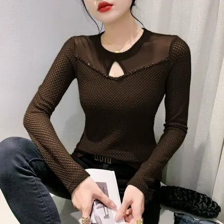 欧货复古烫钻钉珠T恤女长袖性感镂空网纱拼接上衣洋气修身打底衫图片