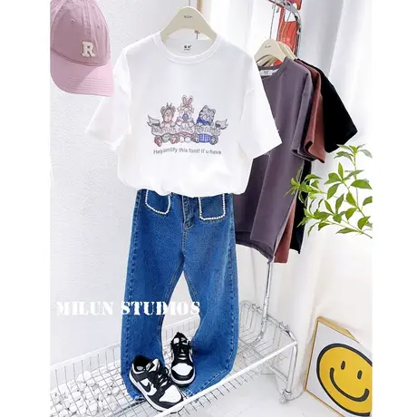 2023早春新款韩国东大门三只兔子短袖上衣磨毛加厚T恤打底衫大码图片