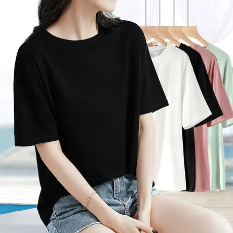 常规基础款莫代尔棉质宽松五分短半袖t恤女2023年新款纯色上衣薄商品大图