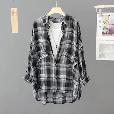 不皱免烫款防晒衫女黑白格子宽松大码中长款抗皱衬衫防晒衣薄外套商品大图