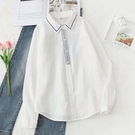 双层棉纱纯棉刺绣白色衬衫女2021春秋季新款韩版百搭长袖打底衬衣图片