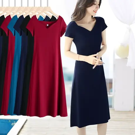 藏蓝色大码连衣裙女秋中长款气质显瘦内搭v领a字长裙纯色简约通勤商品大图