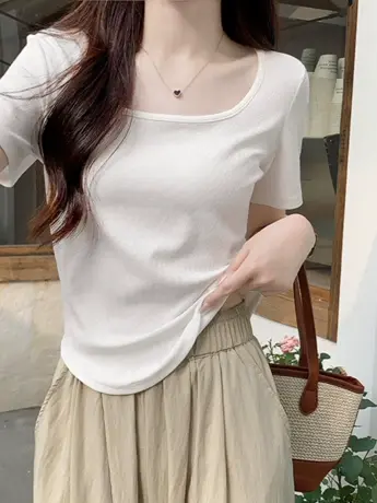 法式短款正肩显瘦不规则短袖t恤女2023新款夏季独特别致甜辣上衣图片