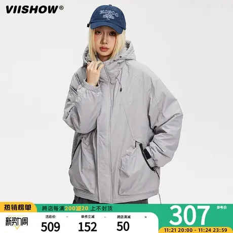 VIISHOW高级感纯色棉服男冬季连帽工装外套复古宽松oversize棉衣商品大图