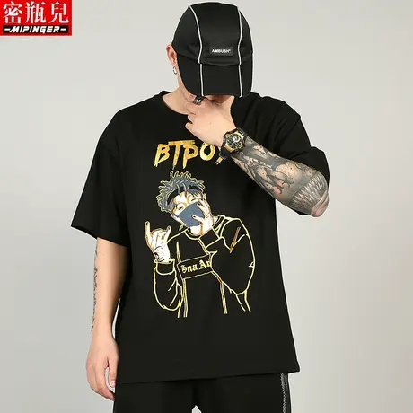 短袖男宽松胖子百搭大码五分袖潮牌韩版潮流半袖丅恤港风男生t恤商品大图