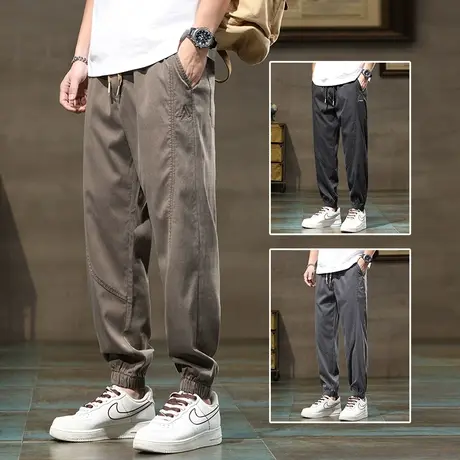 夏季超薄款天丝冰丝咖色工装休闲裤男士束脚夏装九分哈伦裤男裤子商品大图