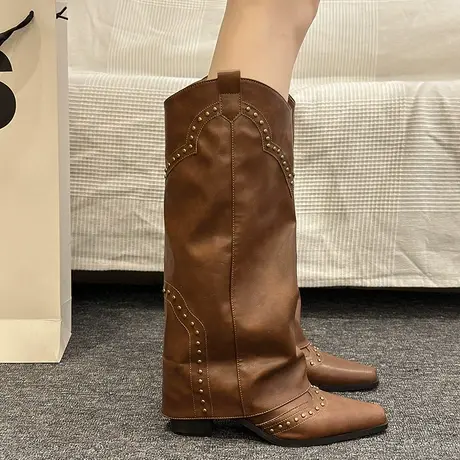 2023年夏季新款复古尖头西部靴女棕色铆钉裤管靴百搭粗跟长筒靴潮商品大图