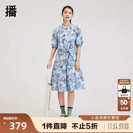 播夏季新款气质圆领花卉印花腰带收腰衬衫裙女DDP2LD4171图片