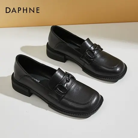 达芙妮英伦风小皮鞋女黑色2021年新款方头粗跟单鞋平底秋冬一脚蹬图片