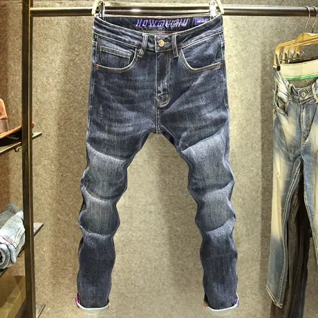 蓝色猫须潮牌牛仔裤男款修身弹力小直筒长裤秋冬款高端刺绣裤子男商品大图