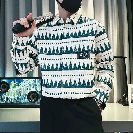 个性印花设计感男长袖衬衫2023秋季新款上衣潮牌花色衬衣外穿痞帅商品大图