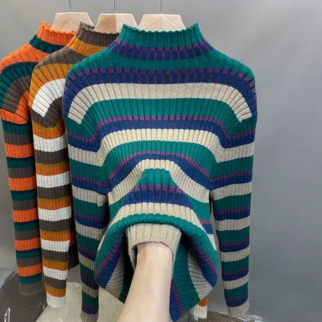 高领毛衣女加厚打底衫2023秋冬新款套头外穿条纹针织衫内搭上衣潮商品大图