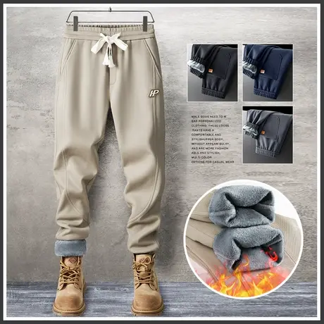 冬季加绒加厚卡其色束脚卫裤秋冬款男生外穿防风加棉休闲裤子运动商品大图