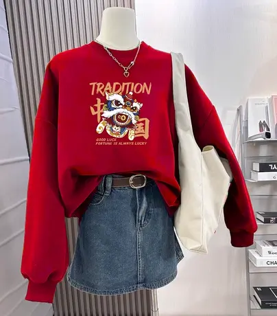 冬季显瘦圆领卫衣胖mm大码大红高级感外套ins加绒保暖本命年上衣商品大图