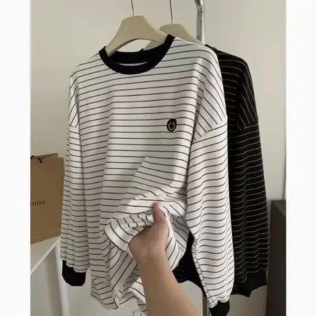 大码宽松德绒加厚保暖长袖T恤女秋冬条纹开叉上衣外穿内搭打底衫商品大图