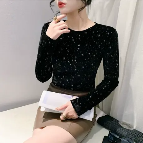 高级感丝绒黑色星光打底衫圆领春装2024新款T恤女修身显瘦长袖ins商品大图