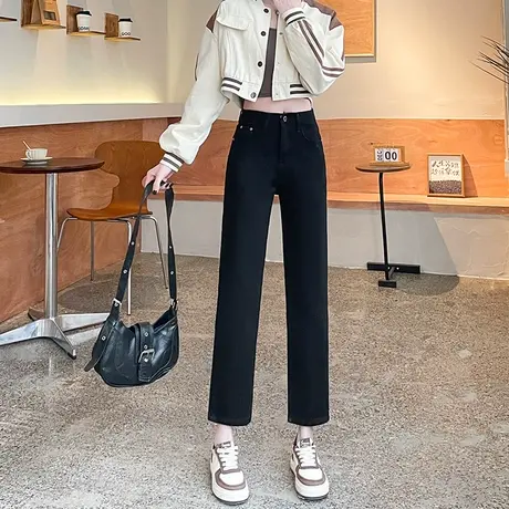 九分烟管裤女秋冬加绒2024新款高腰显高小个子黑色冬季直筒牛仔裤商品大图