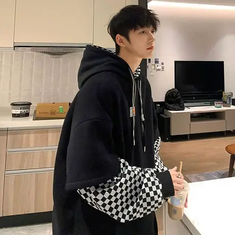 假两件连帽卫衣男潮isn春秋新款打底衫格子拼接港风宽松外套上衣商品大图