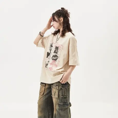 YEP潮牌印花短袖t恤女2024年春夏新款复古情侣装宽松oversize上衣图片