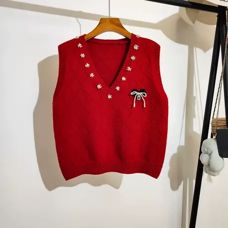 针织背心马甲女春装新款v领叠穿重工钉珠蝴蝶结无袖毛衣坎肩外穿商品大图