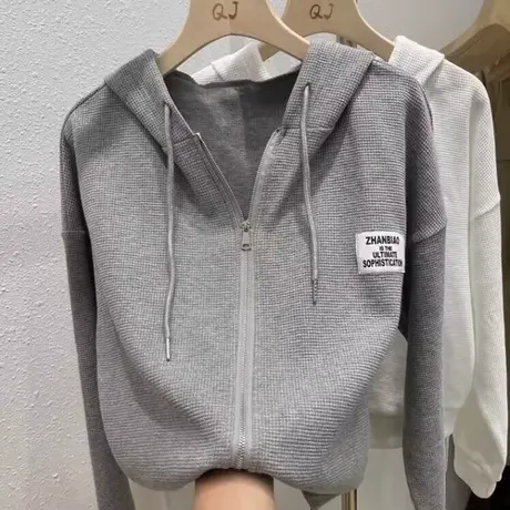 华夫格连帽衫外套女春秋季薄款宽松显瘦百搭休闲长袖上衣2024新款商品大图