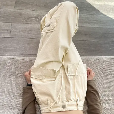 浅色美式工装牛仔裤女春季2024年新款高腰显瘦宽松直筒杏色阔腿裤图片