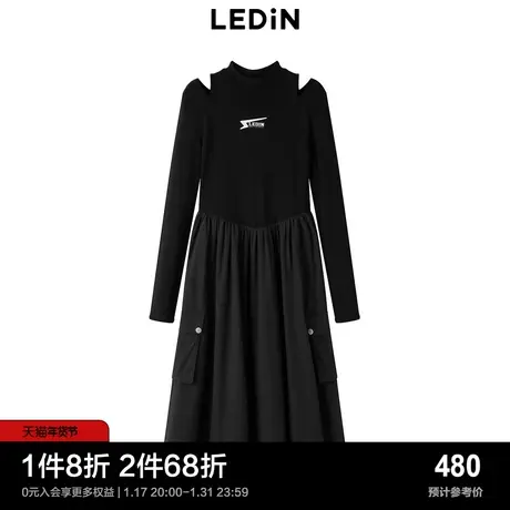 【商场同款】乐町拼接连衣裙秋肩部镂空打底小黑裙C2FAD4112图片