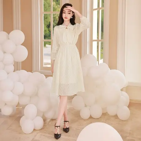 【直播间闪降】香影雪纺连衣裙女长袖2024春季新款蝴蝶结系带裙子商品大图
