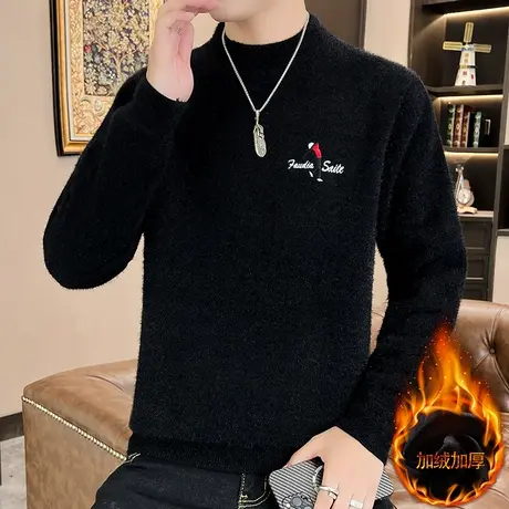 加绒加厚半高领毛衣男韩版潮流秋冬季新款打底衫针织衫男装毛线衣商品大图