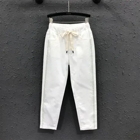 欧货哈伦裤女2024春夏新款重工烫钻松紧高腰萝卜裤百搭牛仔九分裤图片