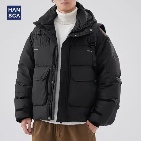 hansca连帽白鸭绒羽绒服男冬季2023新款工装青少年工装黑色外套潮图片