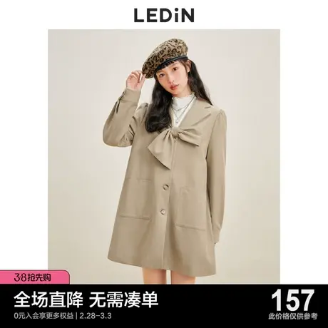 乐町蝴蝶结装饰风衣休闲秋季新款中长款英伦风风衣外套女宽松图片