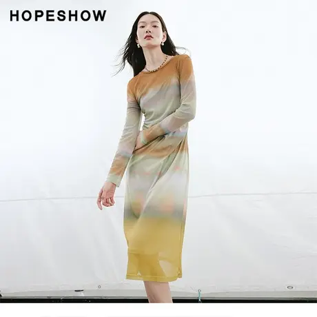 红袖渐变印花网眼连衣裙hopeshow2024春季新款时尚收腰显瘦长裙图片