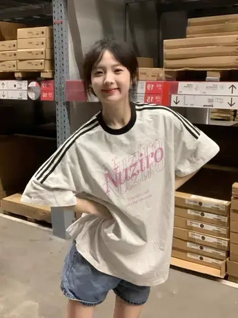 美式复古三条杠插肩短袖t恤女夏季纯棉宽松半袖设计感小众上衣服商品大图